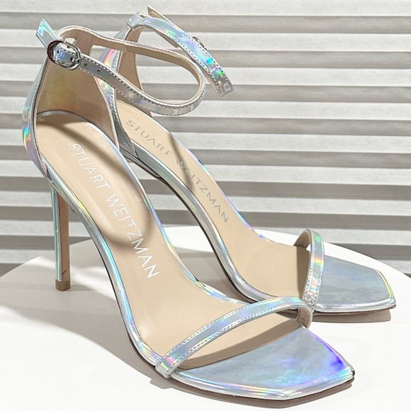 🌹STUART WEITZMAN🌹Nudistcurve Ankle Strap Sandal In Iridescent Silver Size: 8 - Picture 6 of 14
